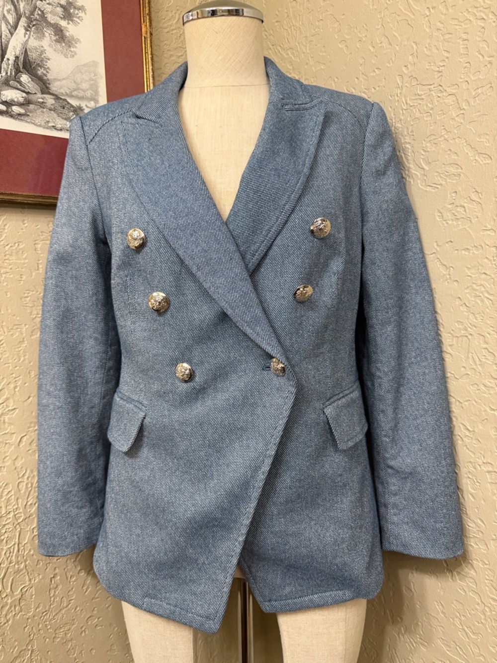 White House Black Market Double-Breasted Light Blue Denim Look Blazer sz 2